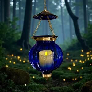 Vintage Cobalt Blue Hundi Glass Lantern-23'' Brass-Bell Pendant Hanging Light